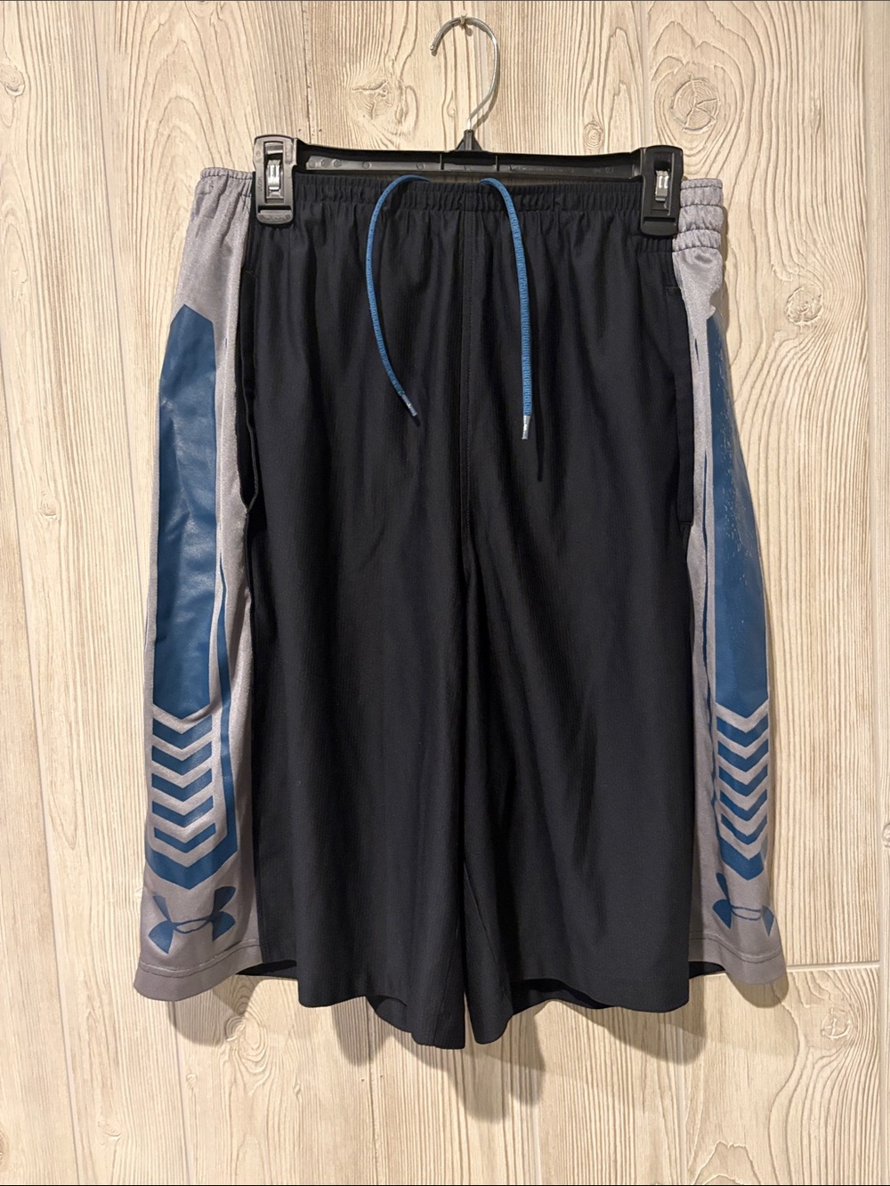 Under Armour Black Athletic Shorts with Gray Panels and Blue Trim